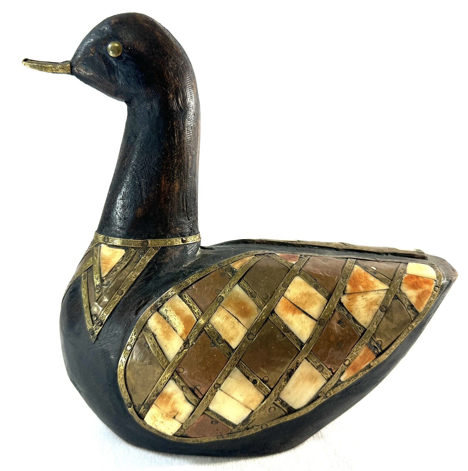 Vintage Wooden Duck Hammered Brass Copper Stone Inlay Folk Art Boho Home Accent