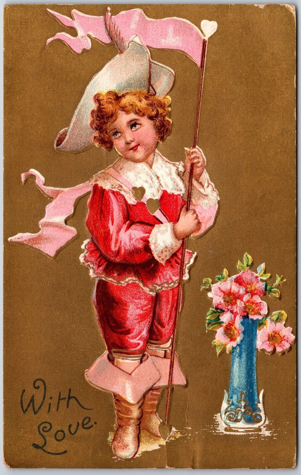 1911 With Love Cute Little Cupid Red Suit Valentines Season Posted Postcard