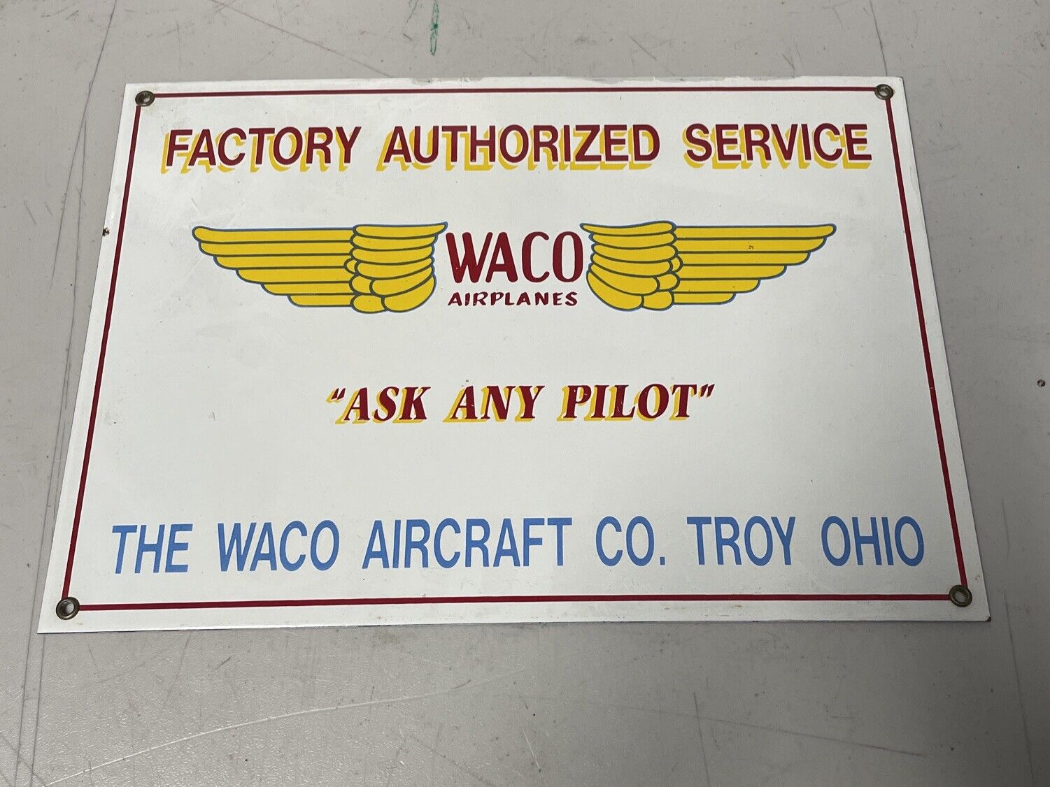 Waco Airplanes Factory Authorized Service Sign, Enamel on Steel “vintage Rare “