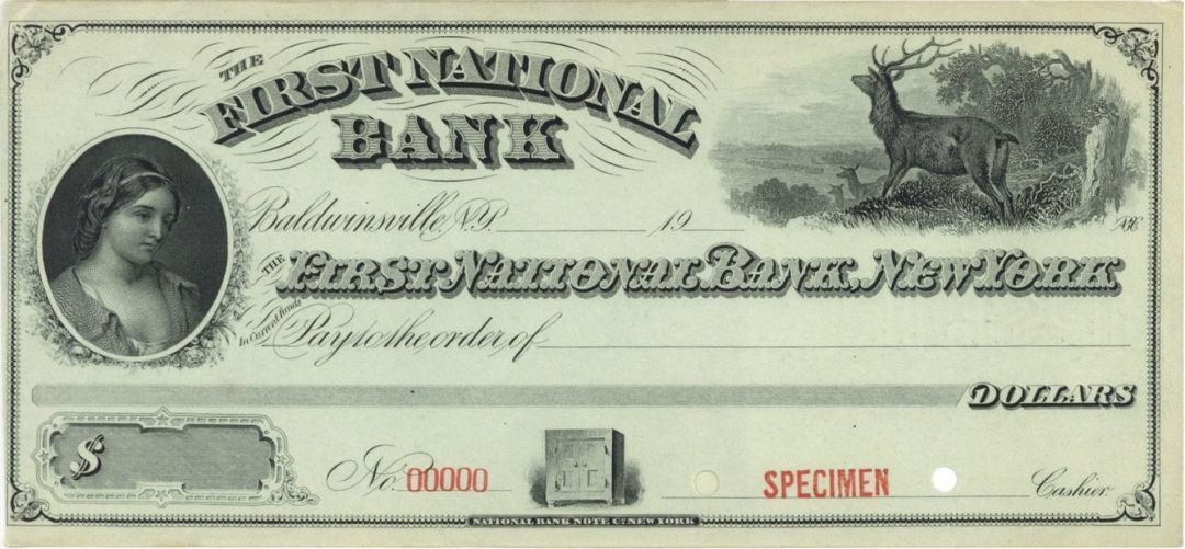 First National Bank New York - American Bank Note Company Specimen Checks - Amer