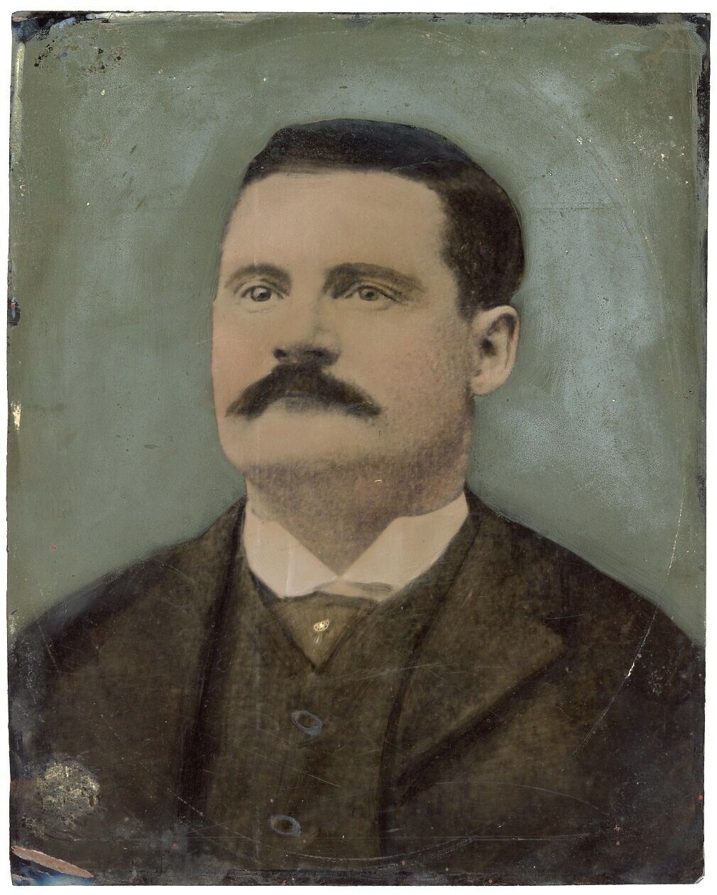 LARGER THAN FULL WHOLE PLATE HAND COLORED TINTYPE PHOTO MUSTACHE MAN LOOKS UP