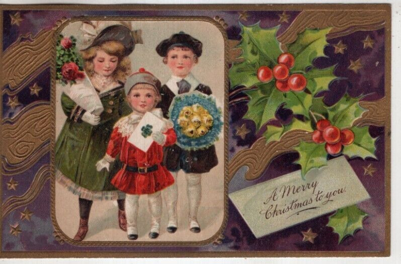ANTIQUE CHRISTMAS Postcard   (PFB)      CHILDREN HOLDING GIFTS, HOLLY