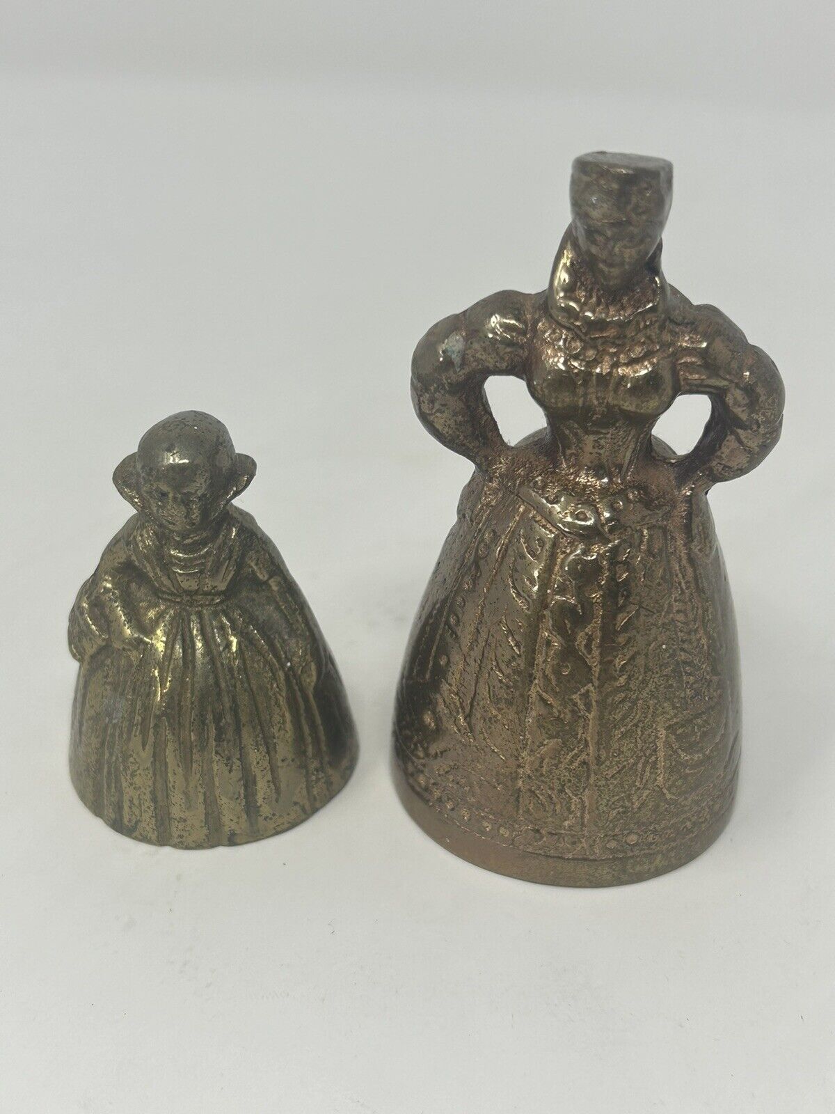 2 Antique Bronze / Brass Elizabethan Lady Bells Wearing Dresses