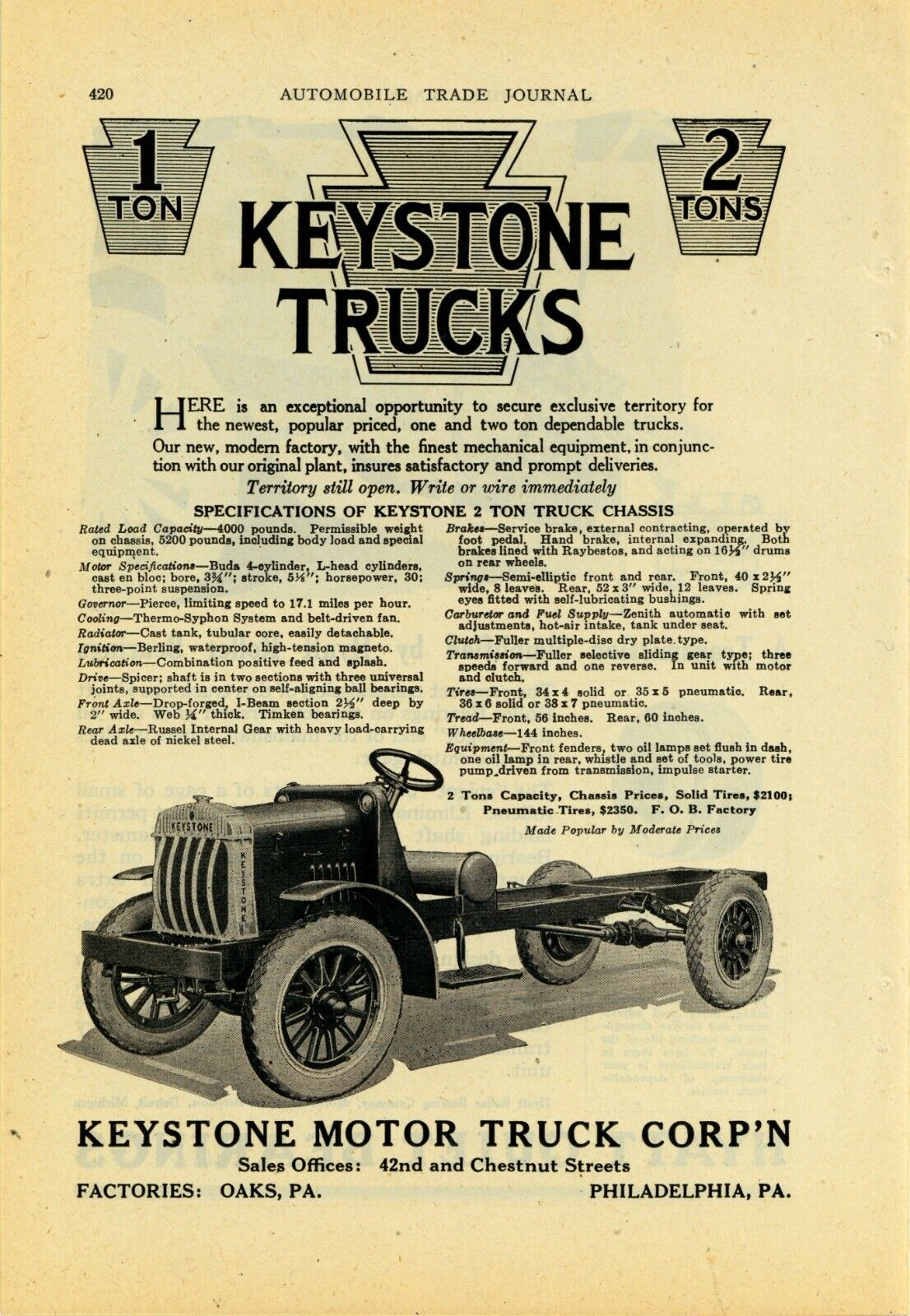 1920 Keystone Motor Truck Co. Ad: w/ Specs Listed - Oaks & Philadelphia, PA