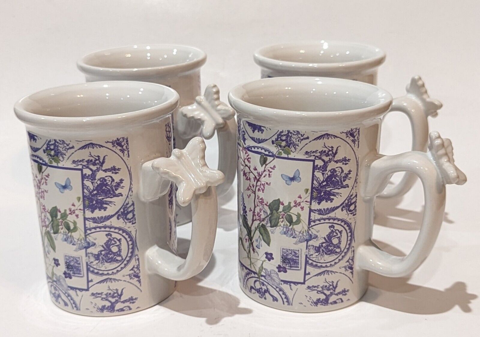 Beautiful Hallmark Toile Coffee Mugs, Floral Design Butterfly on Handles Vintage
