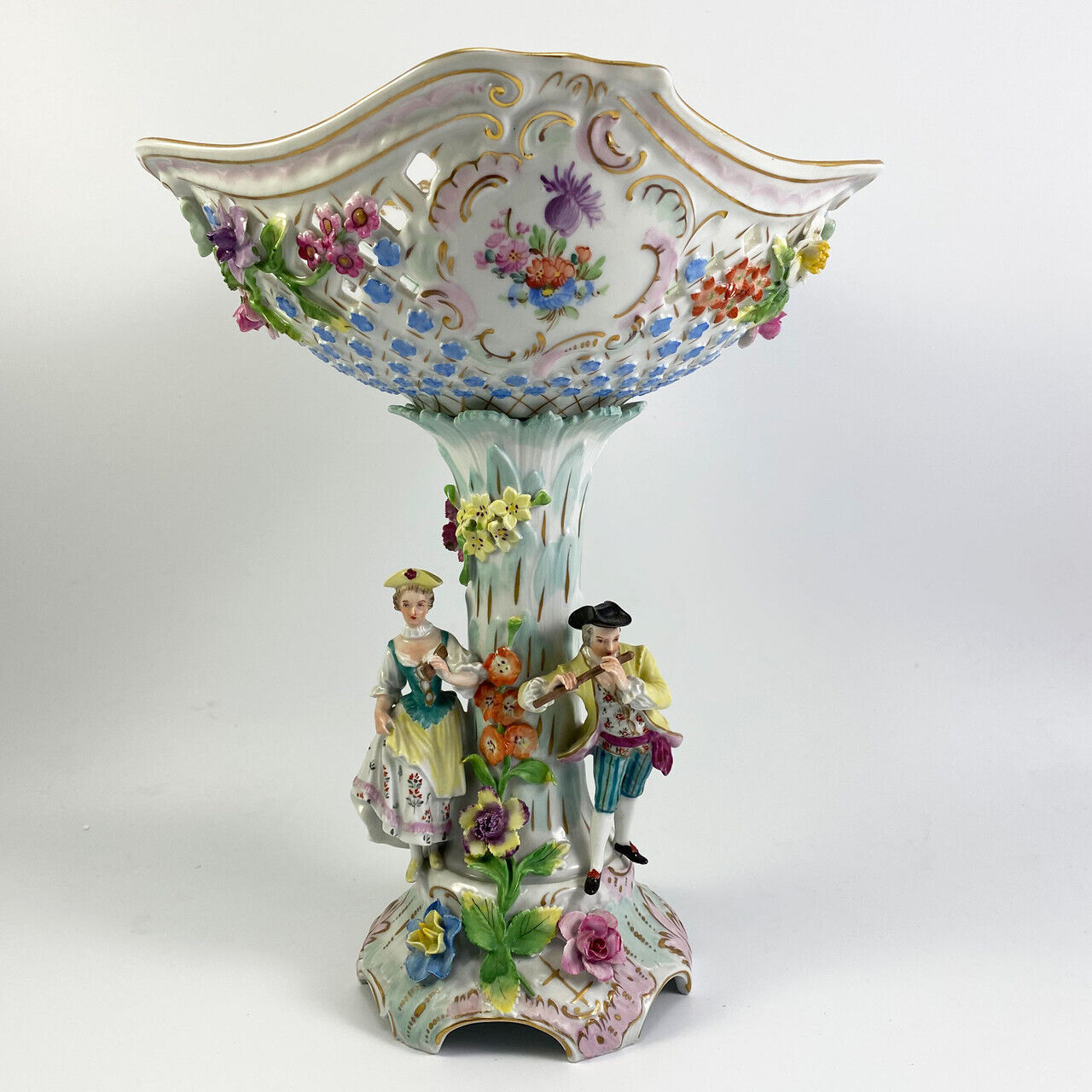 Antique Carl Thieme Reticulated Dresden Sachsische Porcelain Compote Fruit Bowl