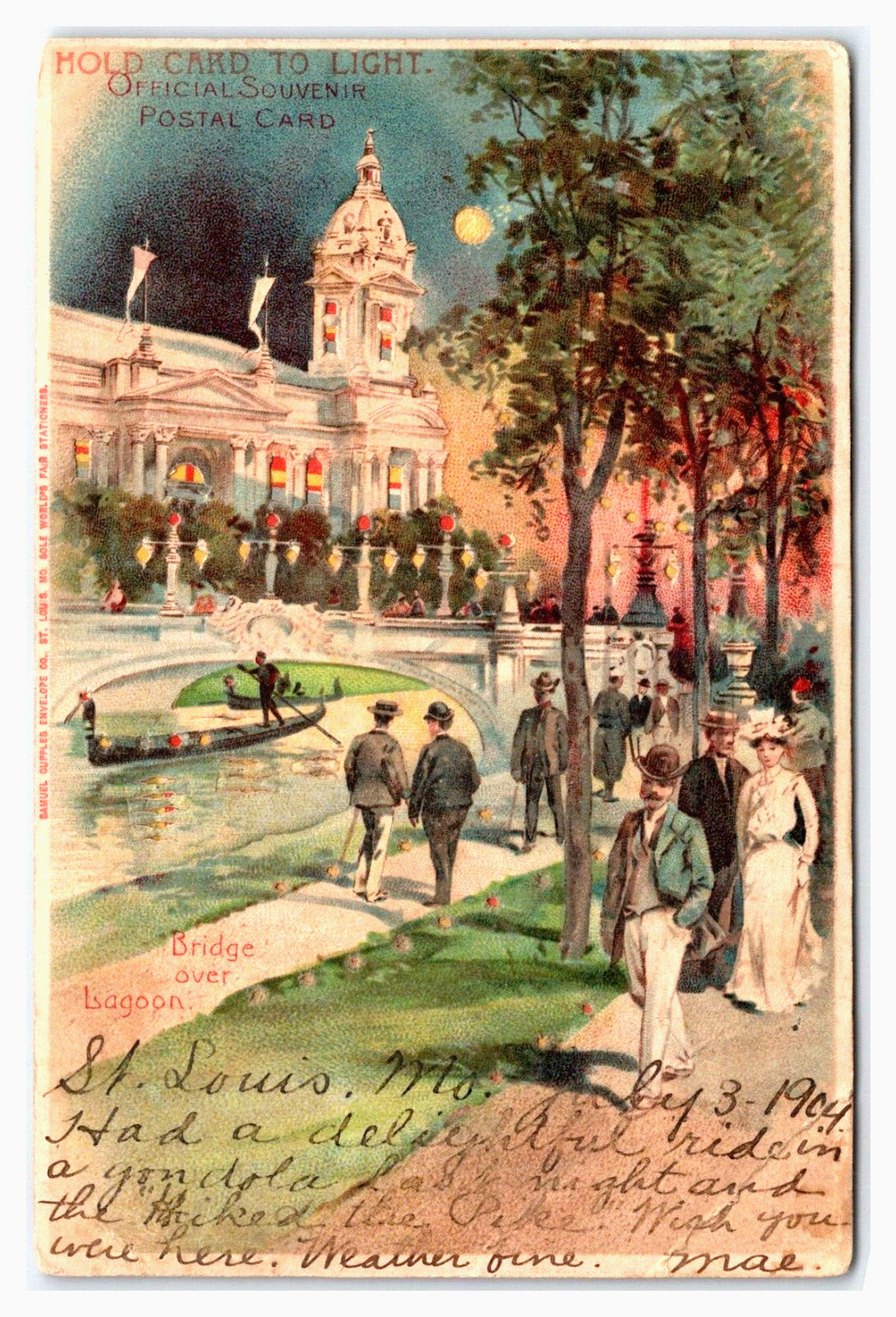 St louis worlds fair 1904 HOLD TO LIGHT bridge over lagoon ~ Rare view ~ World's