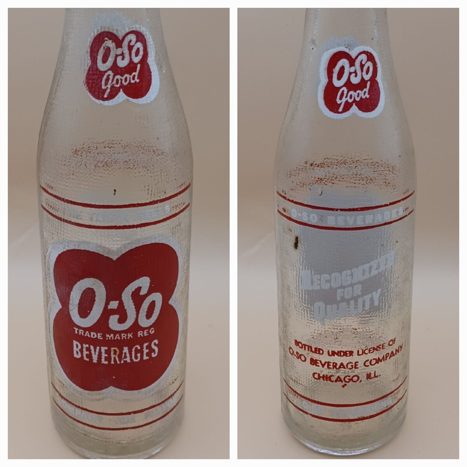 Vintage 1940\'s O-So Soda Pop Glass Bottle 10 oz - O-So Beverage Co. Chicago, ILL