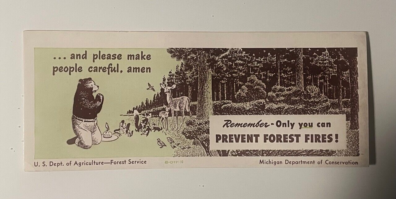 Old 1948 Smokey the Bear Ink Blotter Forest Fire Prevention Michigan USFS Poster