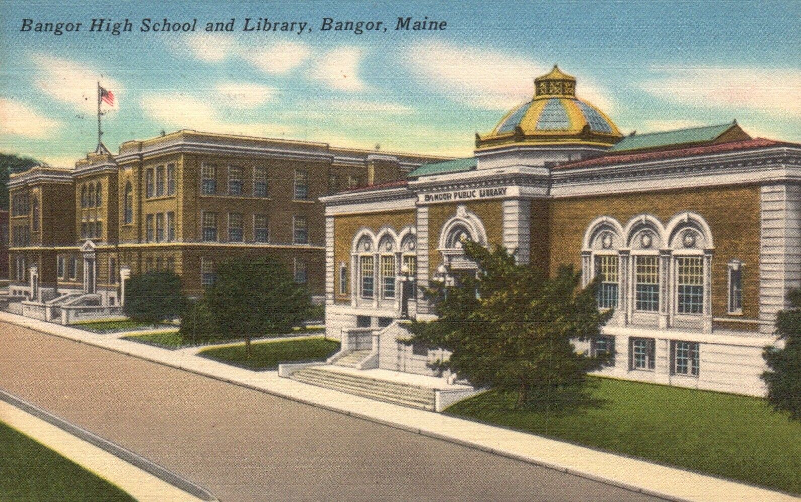 Postcard ME Bangor High School & Library Posted 1954 Linen Vintage PC H8061