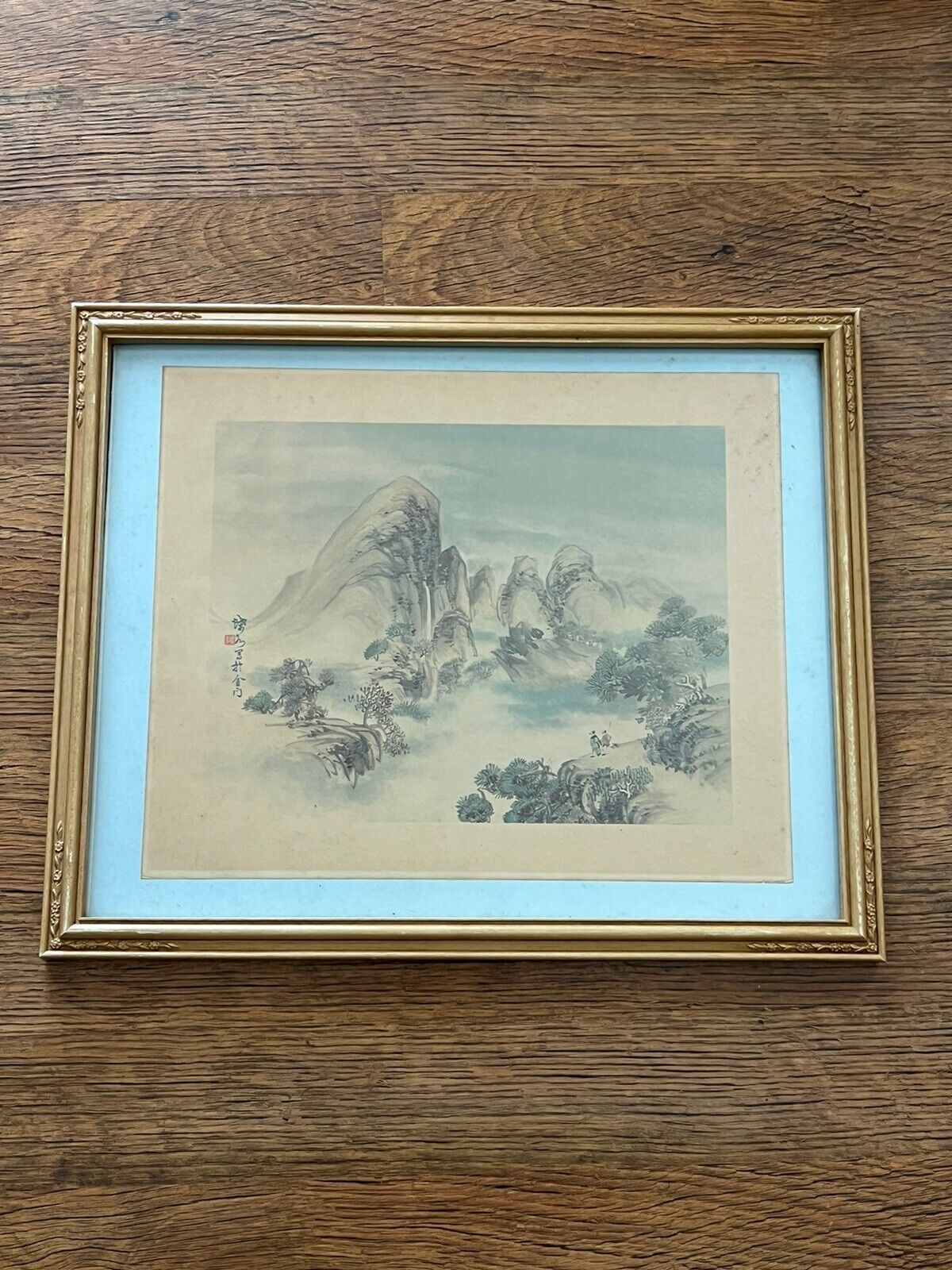 Vintage Chinese Coloured Woodblock Print Scenic Waterfall Landscape Rose Frame