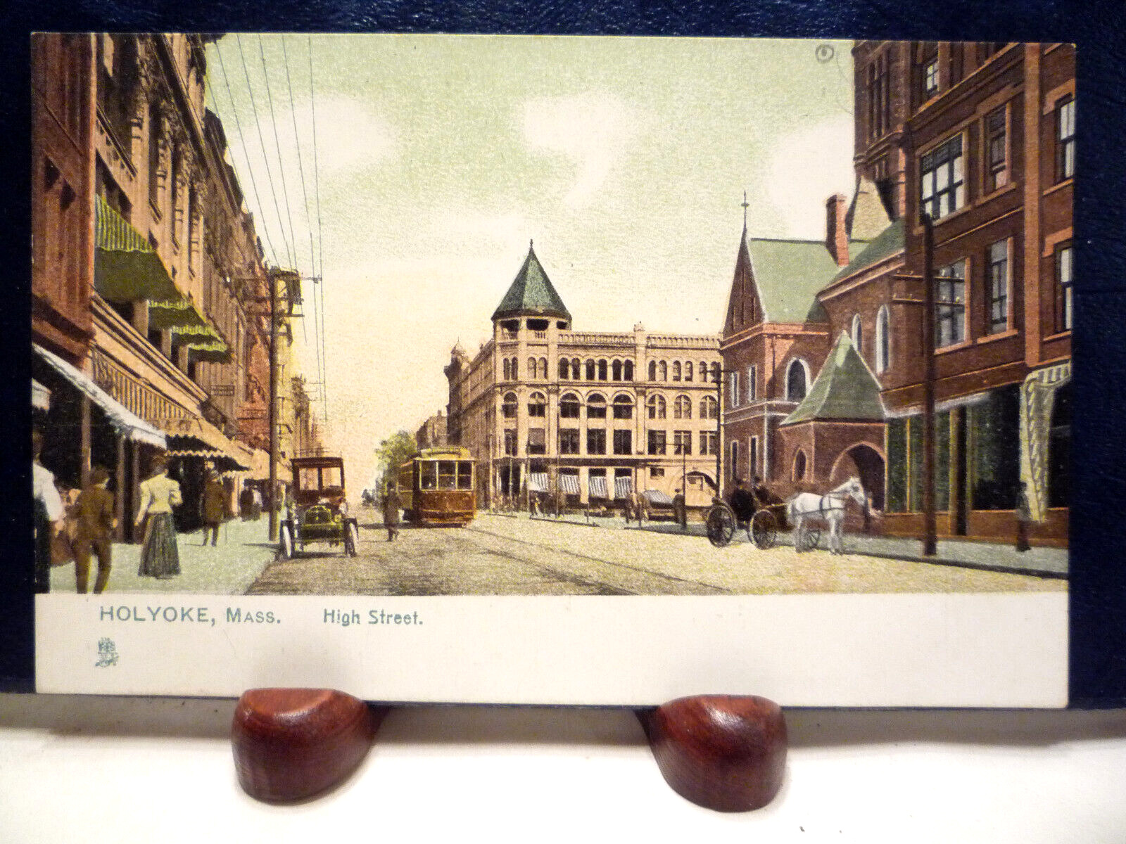 1907-15 Holyoke, MA High Street View, Trolley, Horse, Signs, Stores ~ TUCK pc