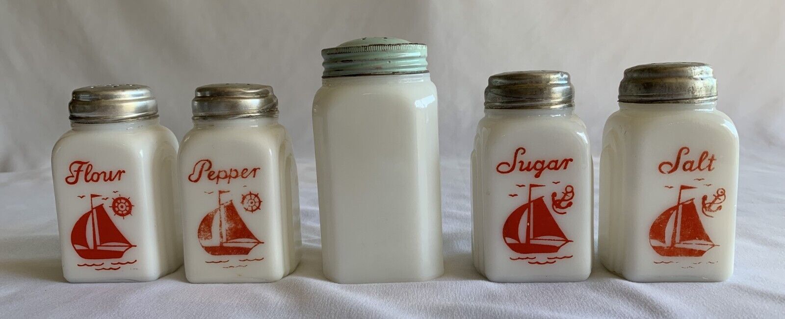 McKee Roman Arch White & Red With Sailboats Salt, Pepper, Sugar & Flour Shakers