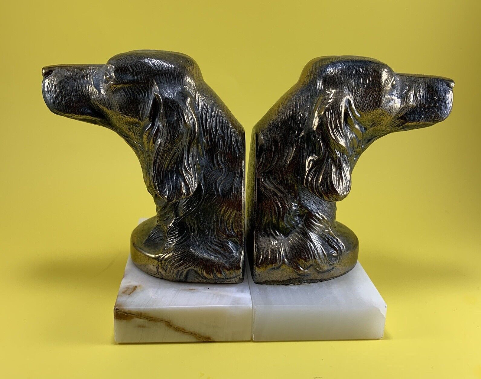 VINTAGE ANTIQUE BRASS BRONZE MARBLE IRISH SETTER DOG BOOKENDS MADE IN GERMANY