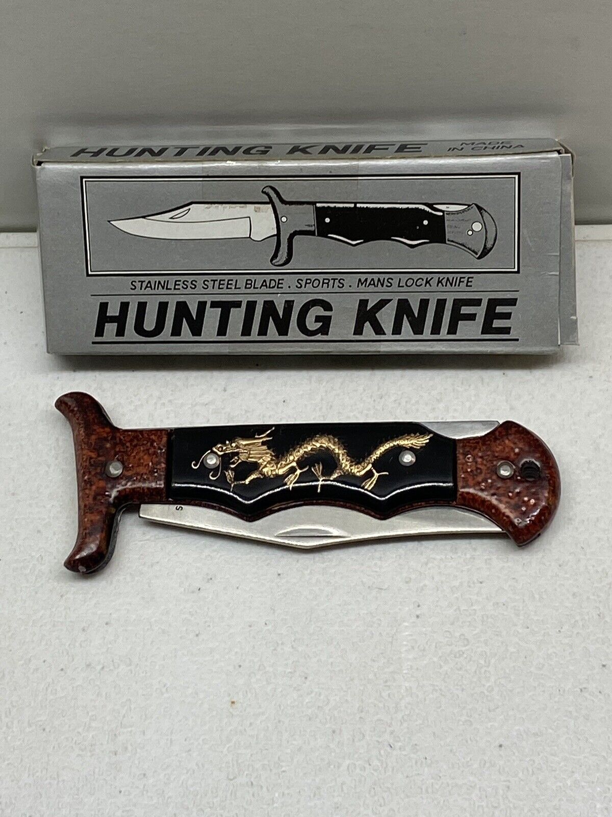 RARE VINTAGE 90\'S HUNTING FOLDING LOCK BACK KNIFE STAINLESS STEEL CHINA NOS WOW