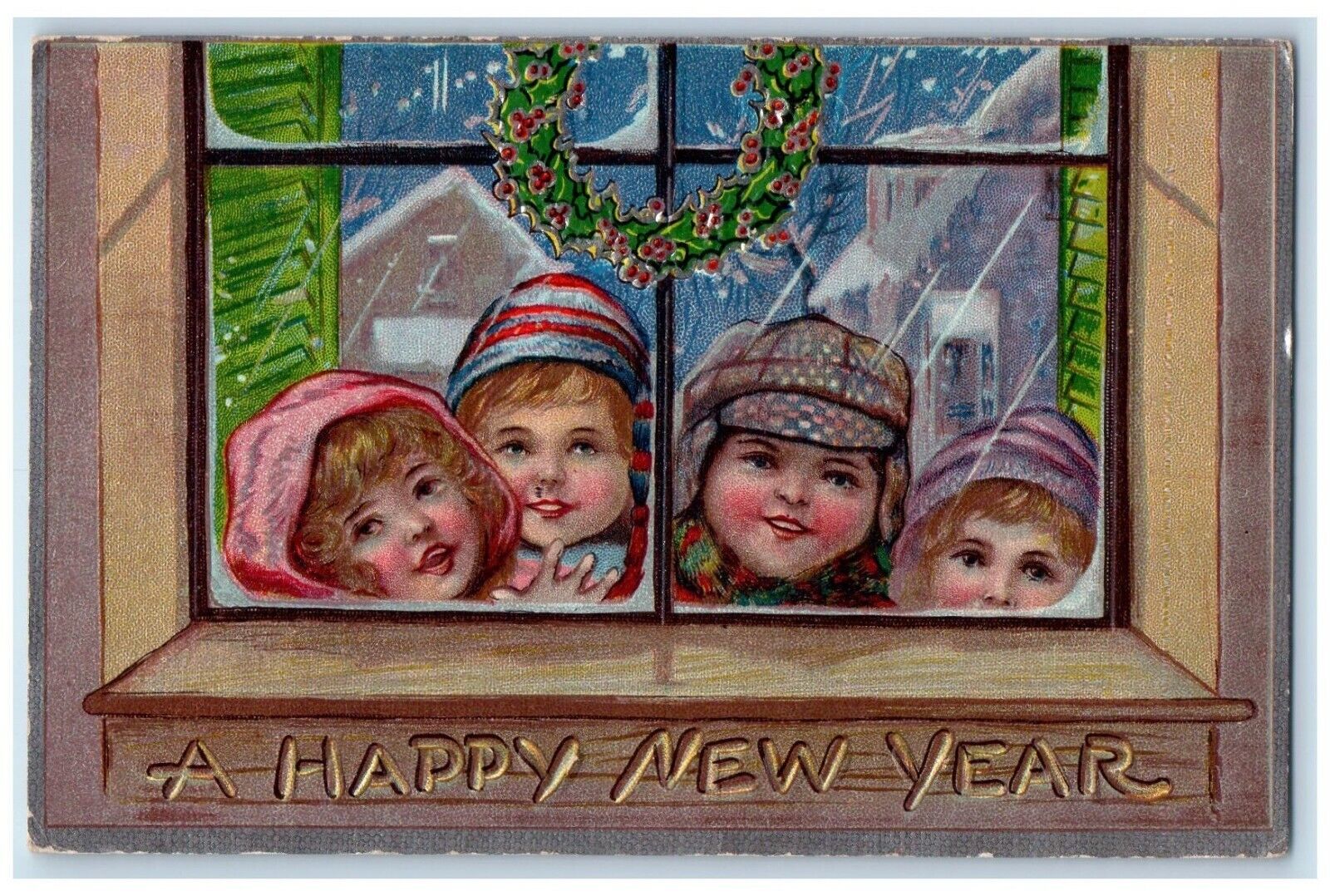 c1910\'s New Year Four Little Girls In Window Wreath Snow Winter Antique Postcard