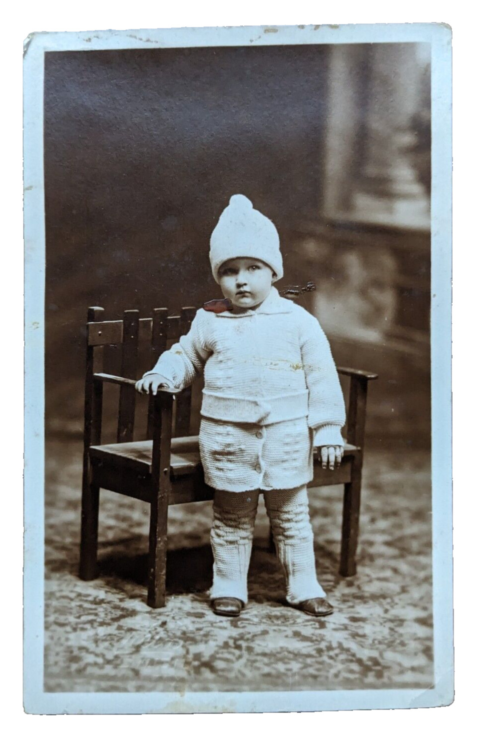 Antique RPPC Postcard c1922  Studio Portrait of a Young Child Hand Knit Outfit