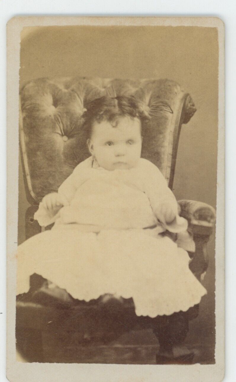 Antique CDV Circa 1870s Adorable Baby in White Dress on Chair Ryder Syracuse, NY
