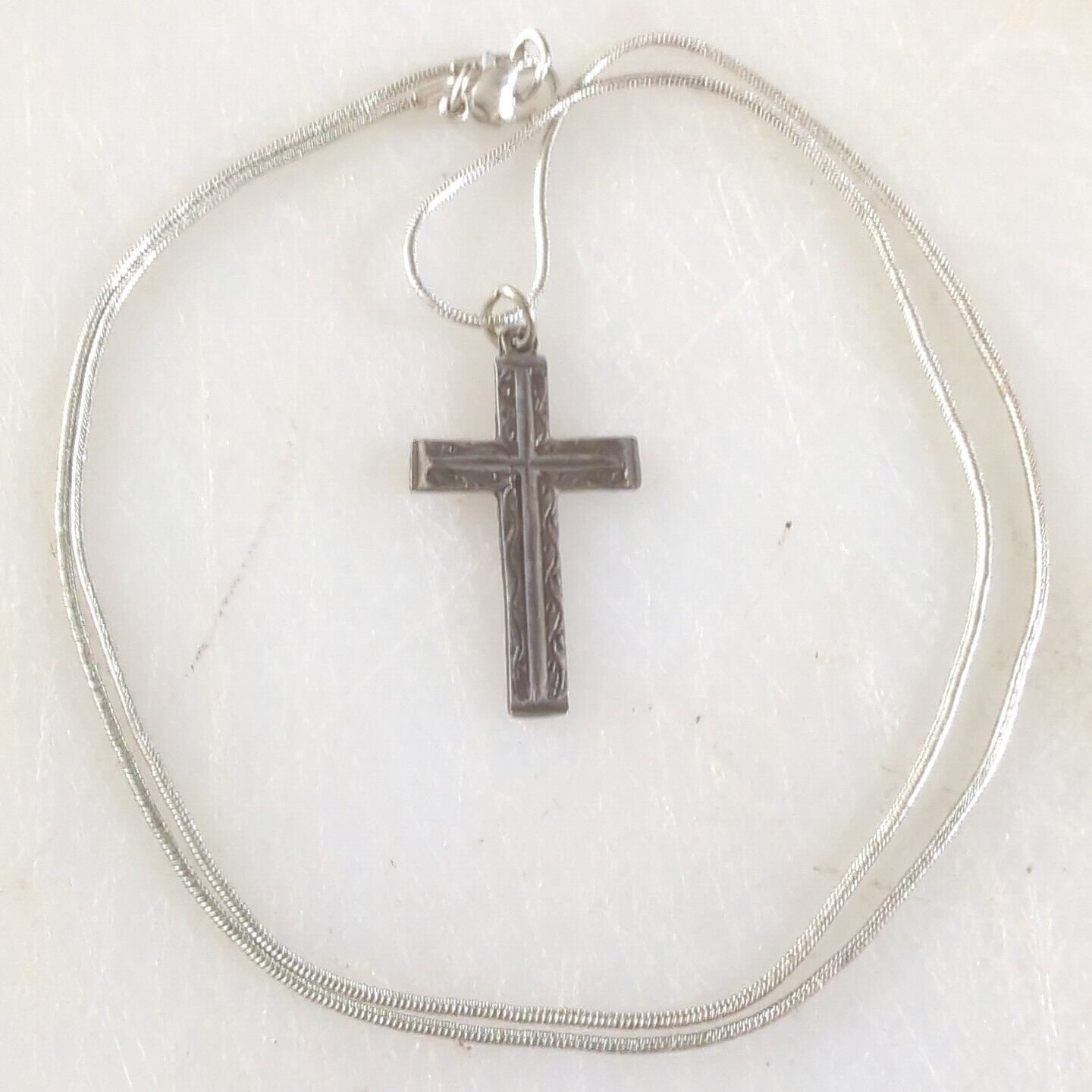 Vintage Sterling Silver Crucifix Jerusalem Signed Silver Tone Chain 18\