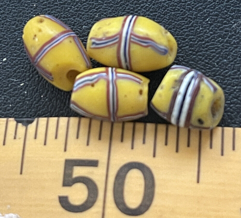 (4) Original French Cross Glass Indian Trade Beads Yellow 1700's B Quality