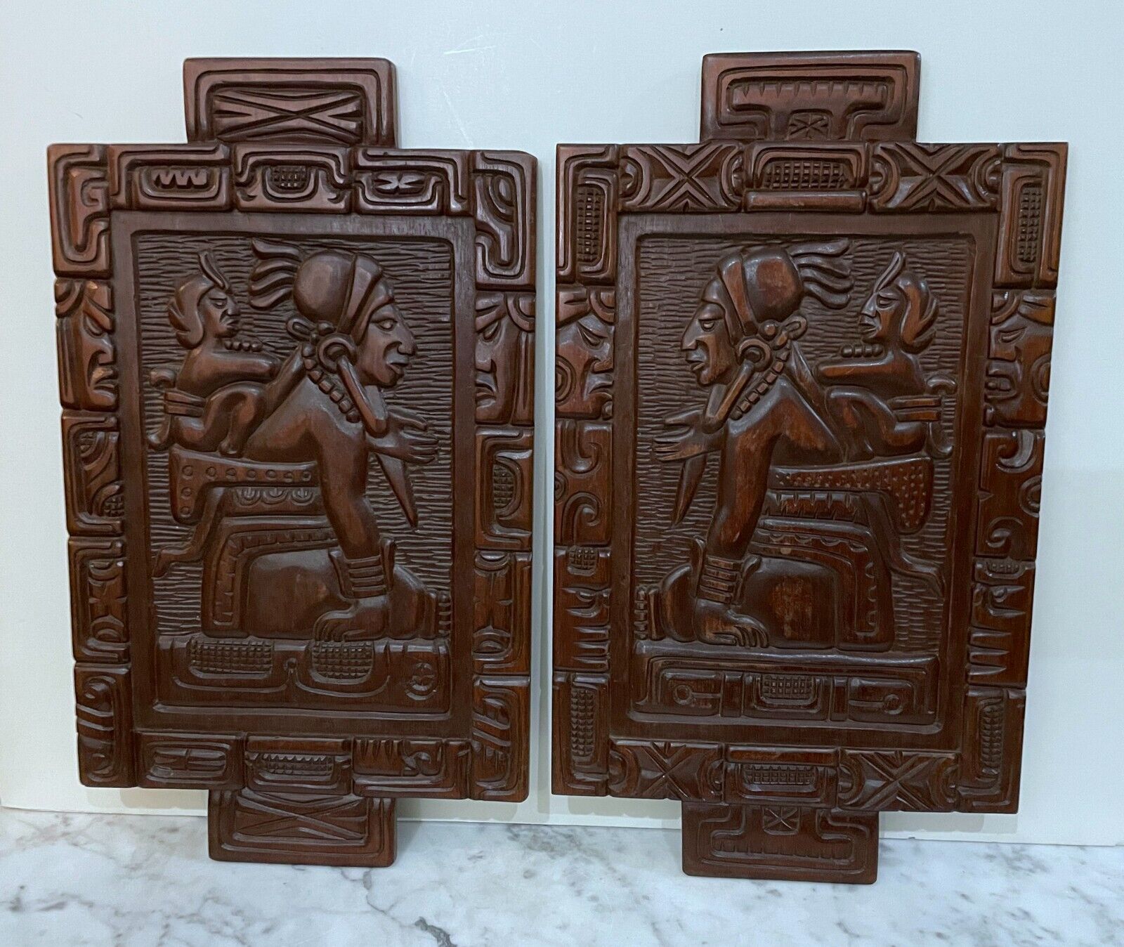 GORGEOUS PAIR OF SIGNED VINTAGE MAYAN STYLE CARVED WOOD PANELS FROM HONDURAS