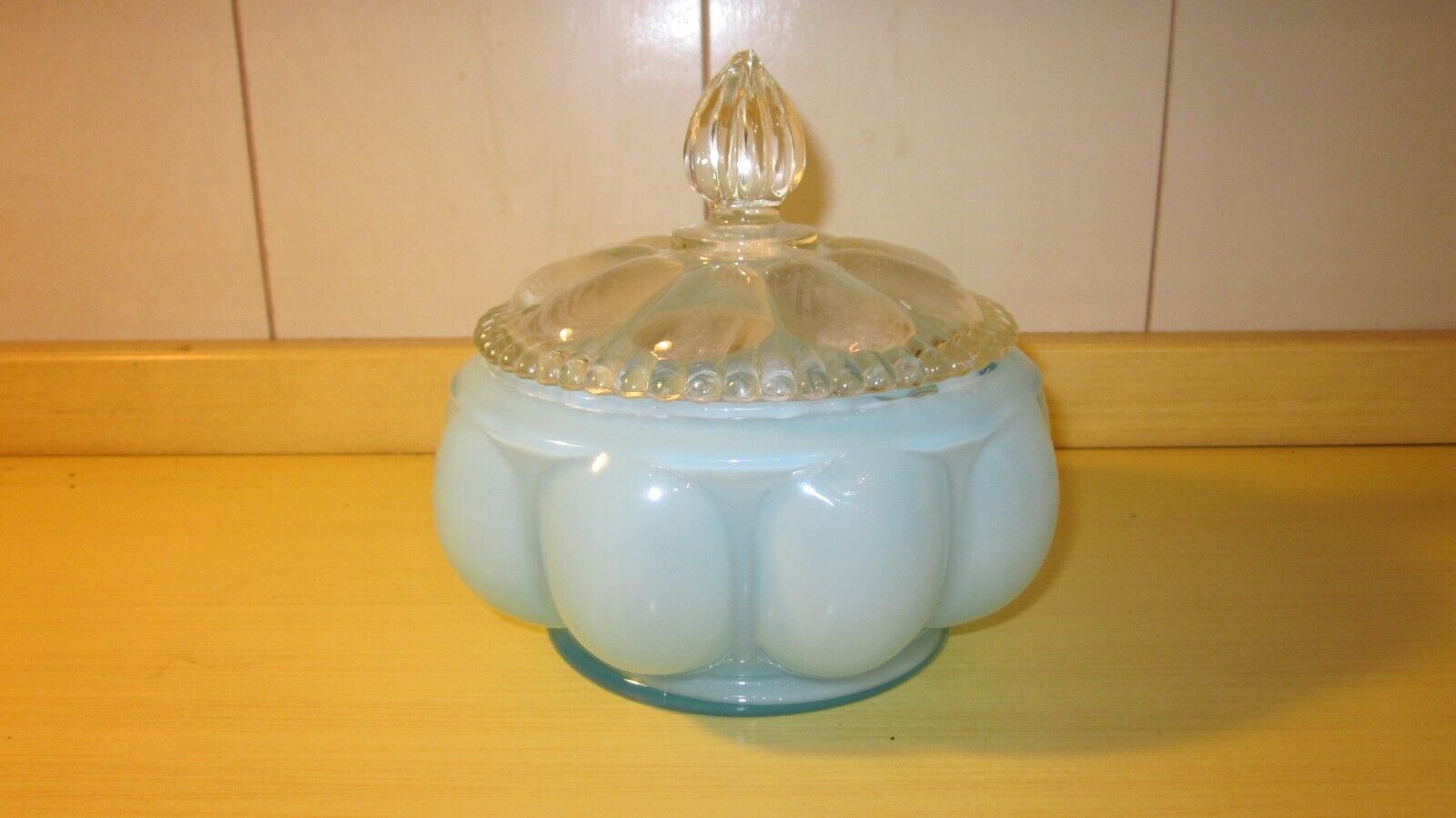 Vintage Fenton Art Glass Blue Overlay Melon Covered Vanity Powder Jar