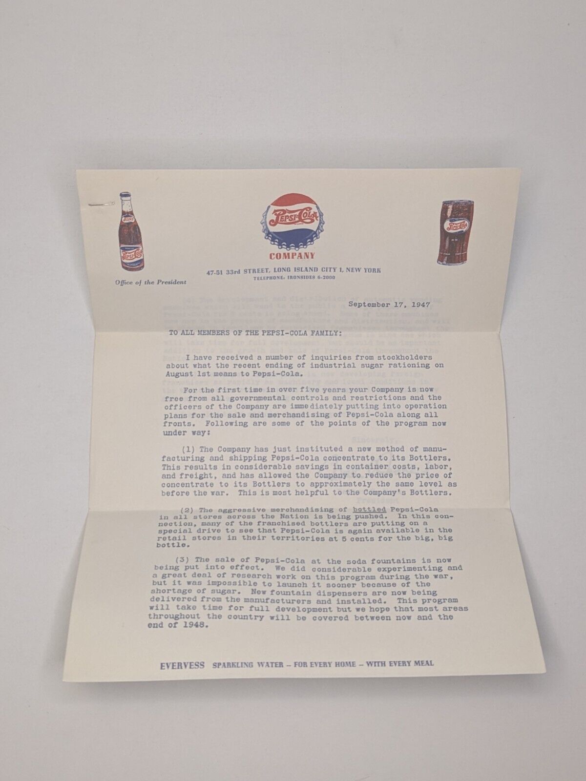 Pepsi Corporate Letter To Stockholders Sept 1947 Sugar Ration RARE