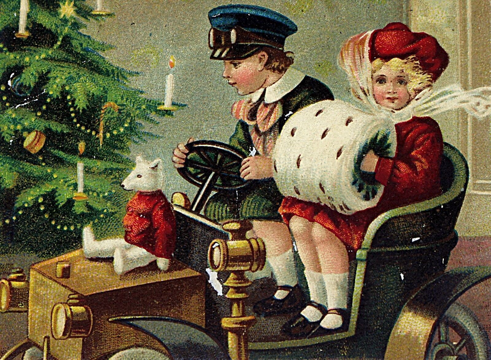 c.1910 Children and Automobile Christmas Postcard Color Lithograph #91