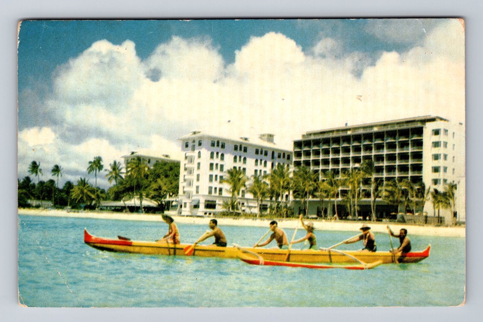 Waikiki HI-Hawaii, Outrigger of Waikiki, Paddling Canoe, Vintage Postcard