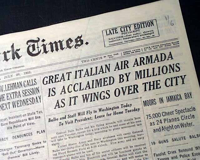 ITALIAN AIR ARMADA Flying Airplane Boats ITALO BALBO w/ Photos 1933 Newspaper 