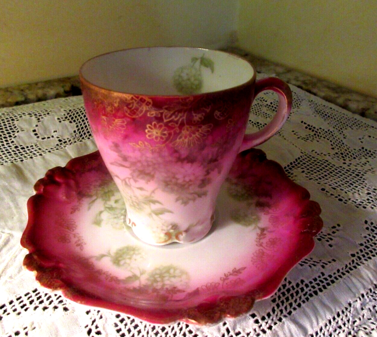 Antique Rosenthal Pink/Green/Gold Floral Chocolate Cup & Saucer  Marked Pensee