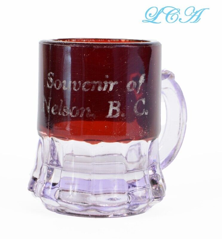Antique NELSON BRITISH COLUMBIA souvenir glass EAPG lil mug SUN COLORED amethyst