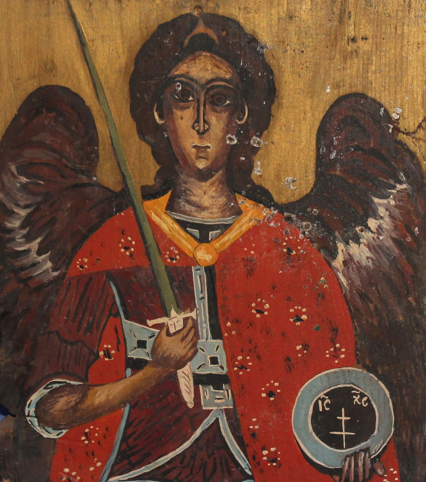 Vintage hand painted tempera/wood icon Archangel Michael