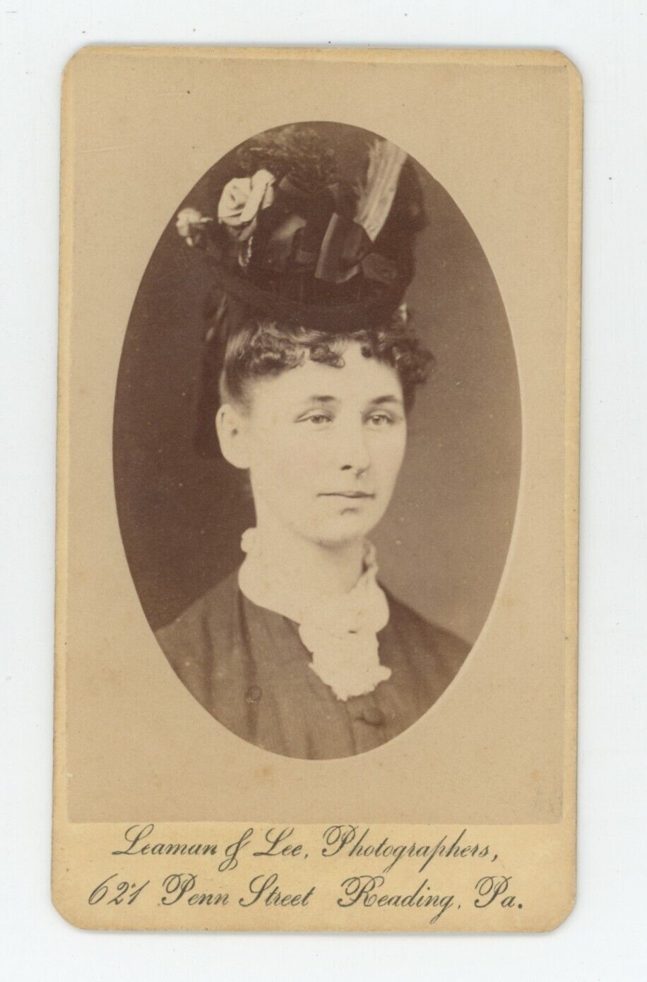 Antique CDV Circa 1870s Beautiful Young Woman in Stunning Hat Lee Reading, PA