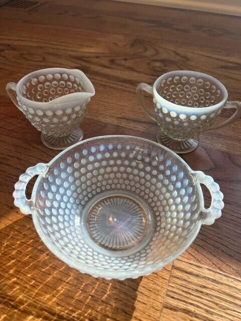 Vintage Anchor Hocking White Opalescent Hobnail Sugar, Cream Set and Bowl, 1940s
