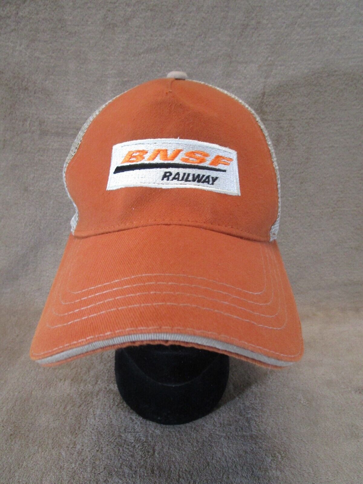 BNSF Railways Hat Cap Embroidered Tan Black Trucker Mesh Back VTG Adjustable