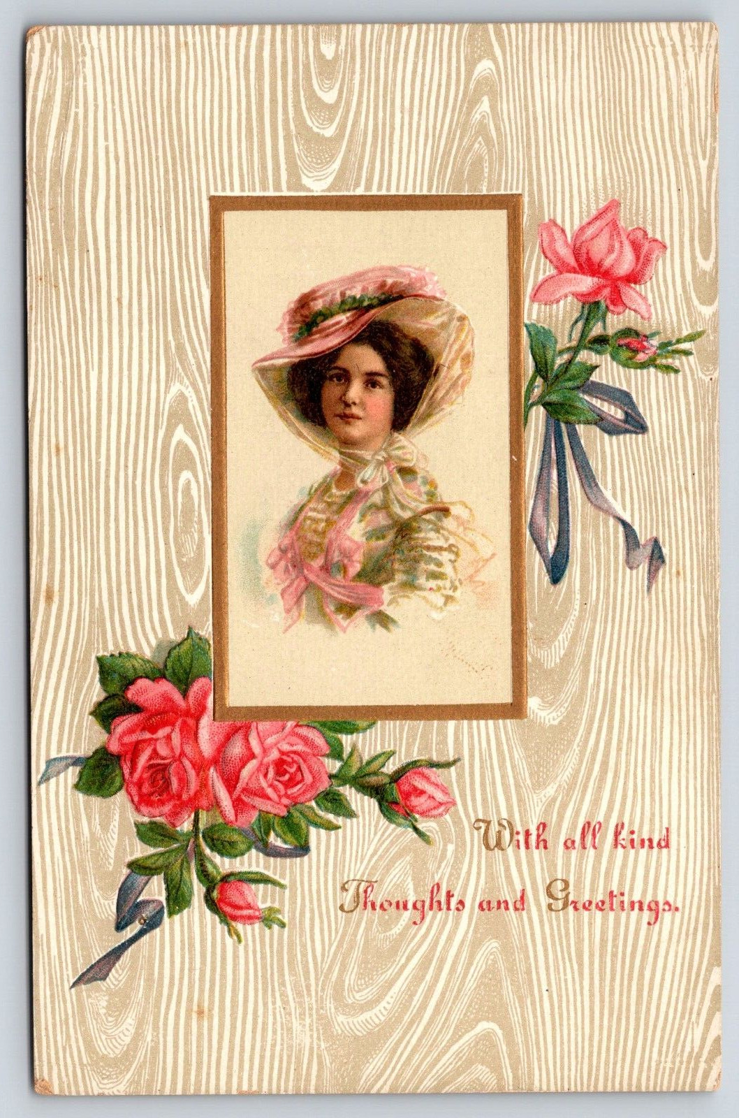 Original Vintage Antique Postcard Victorian Lady Dress Hat Flowers Gold Inlay