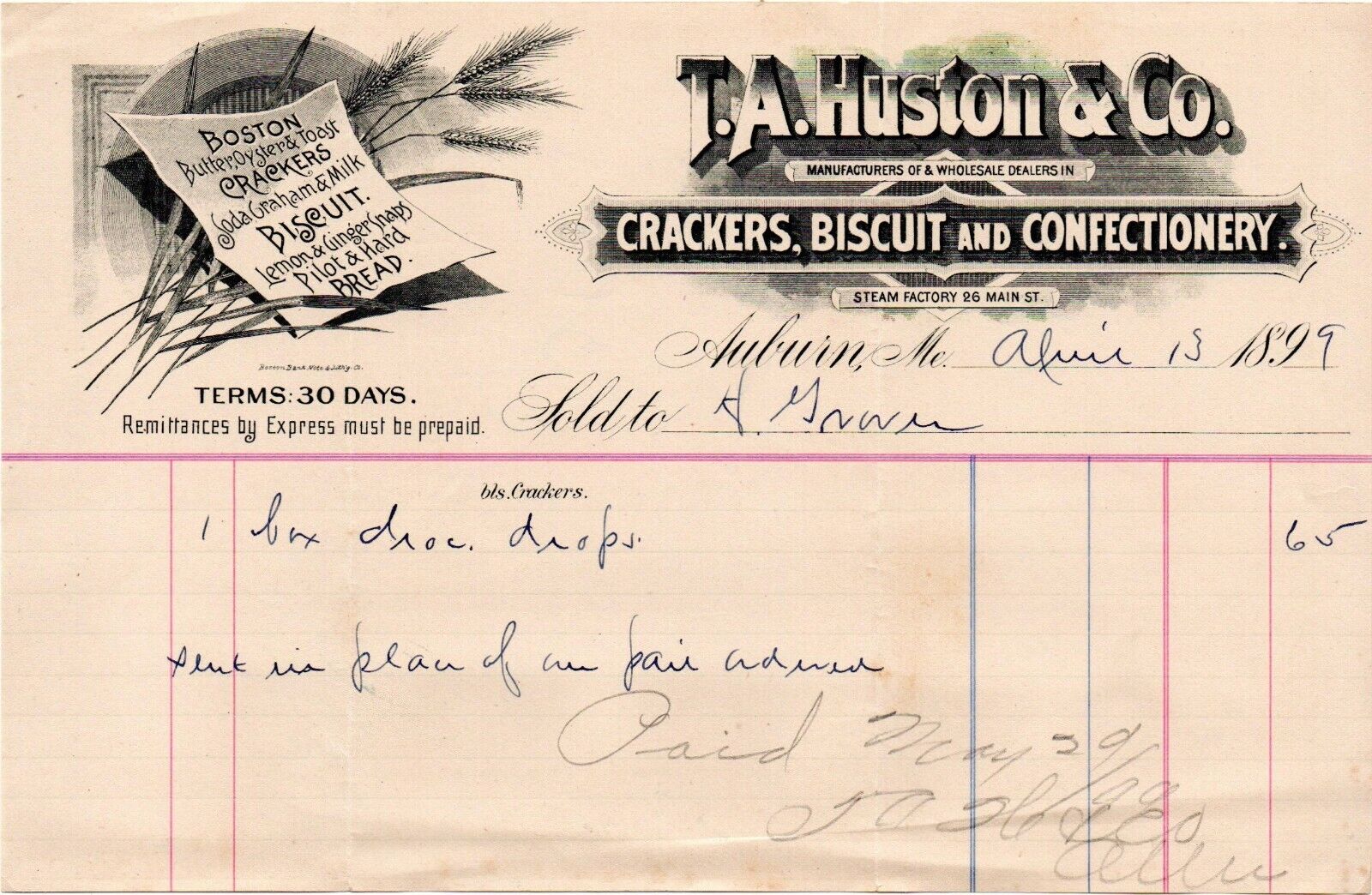 1899 Letterhead-T A Huston & Co-Crackers, Biscuit & Confectionery-Auburn, ME