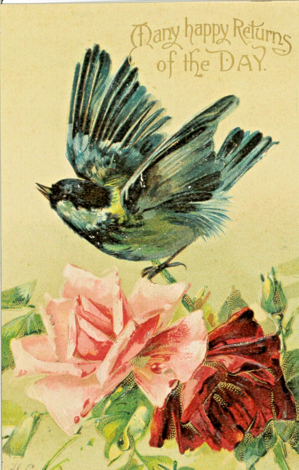 1908 International Art Pub Greeting Bird Floral Rose Vintage Antique Postcard