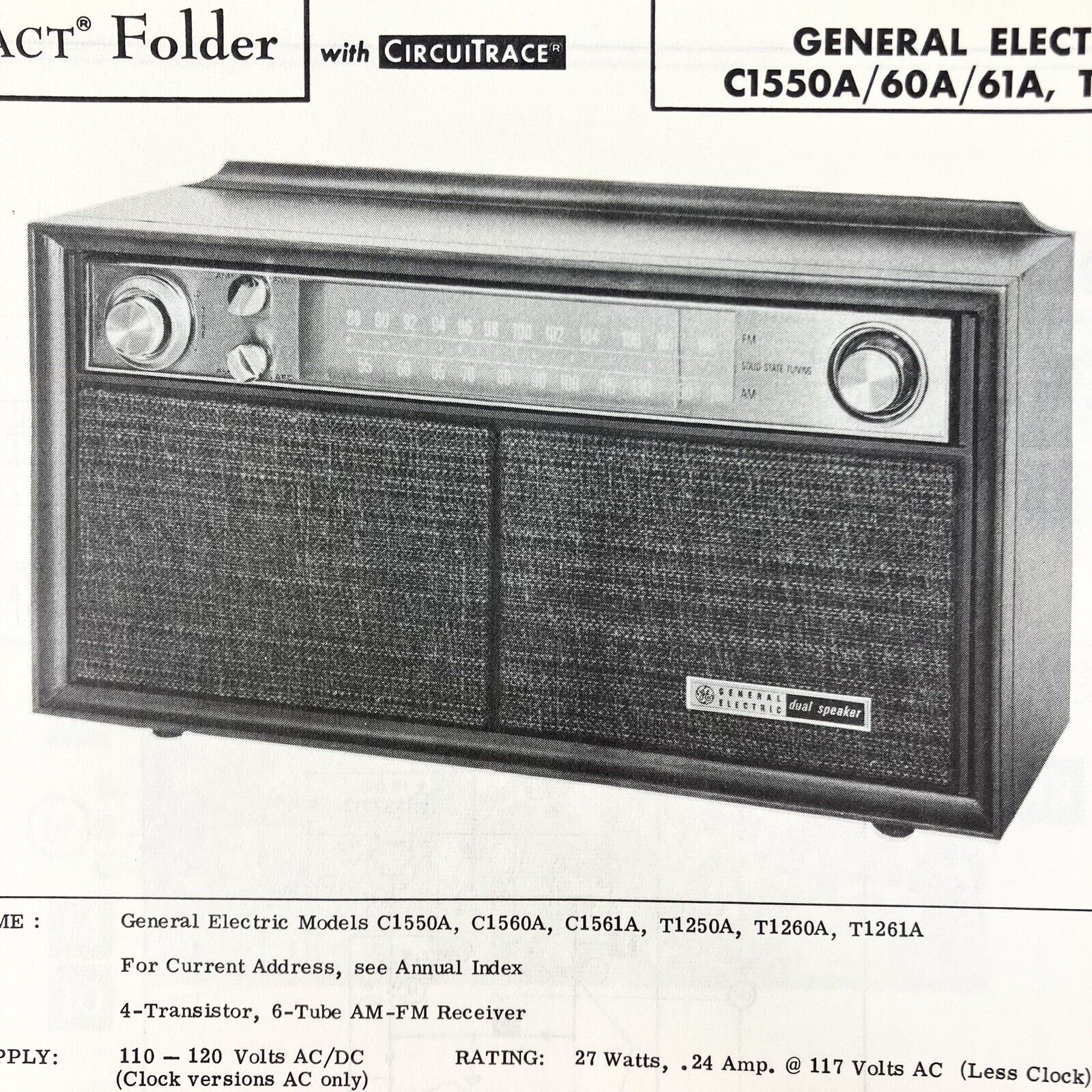 Vtg 1962 GE Radio C1550A 60A 61A T1250A 60A 61A Wire Schematic Service Manual