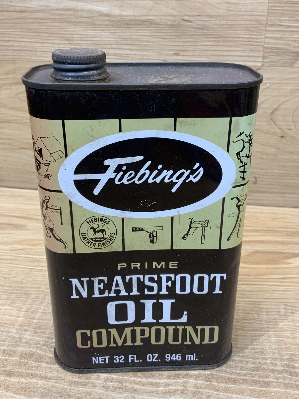 Vintage Fiebings Neatsfoot Oil Compound 32 FL. Oz. Can 90% (Full)￼ Advertising