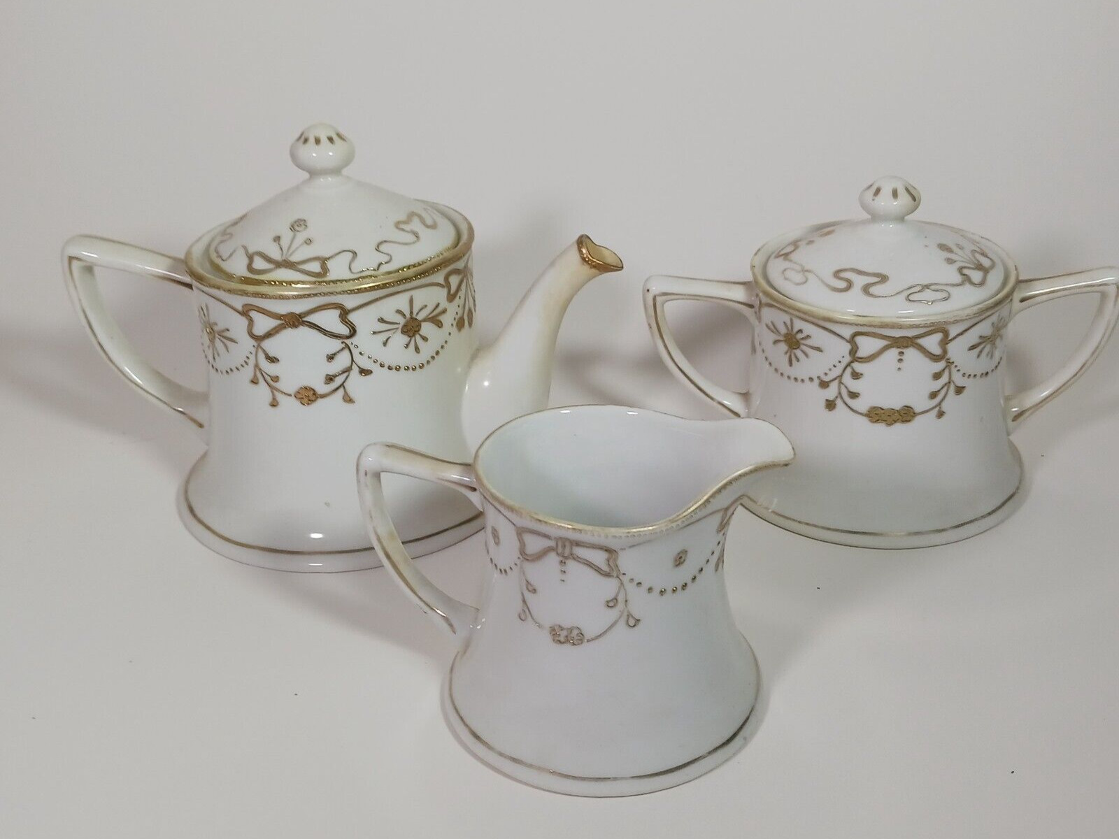 Vintage Nippon Tea Set GOLD RIBBON Tea Pot Sugar Creamer Hand Painted