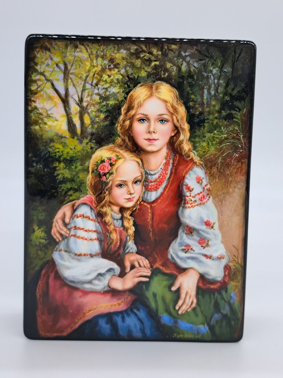Ukrainian Lacquer miniature box “Two girls” Jewelry casket Handmade in Ukraine