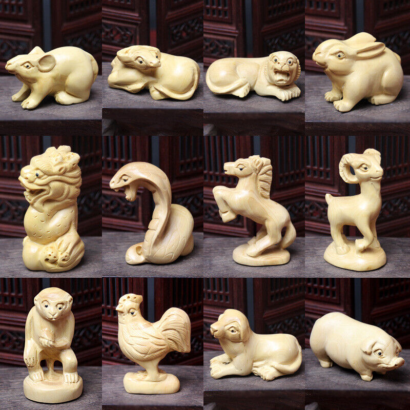 12 Pcs Boxwood Carved Chinese Zodiac Year Netsuke Figurines Statues Animals Gift