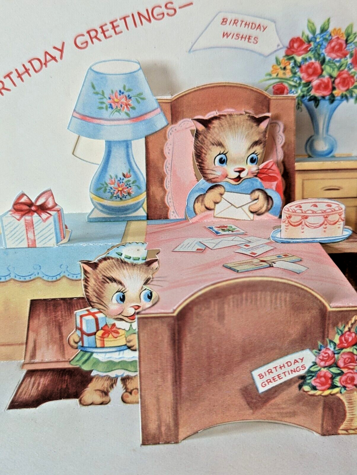 FABULOUS Vintage Kitten Cat Birthday Post In Bed 1940\'s 3d Greeting Card (EB4759