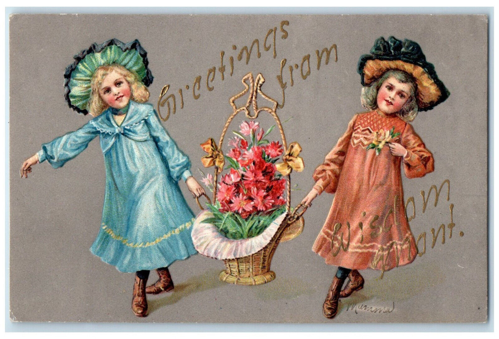 c1905 Two Girls Holding Basket of Flowers Greetings from Wisdom MT Postcard
