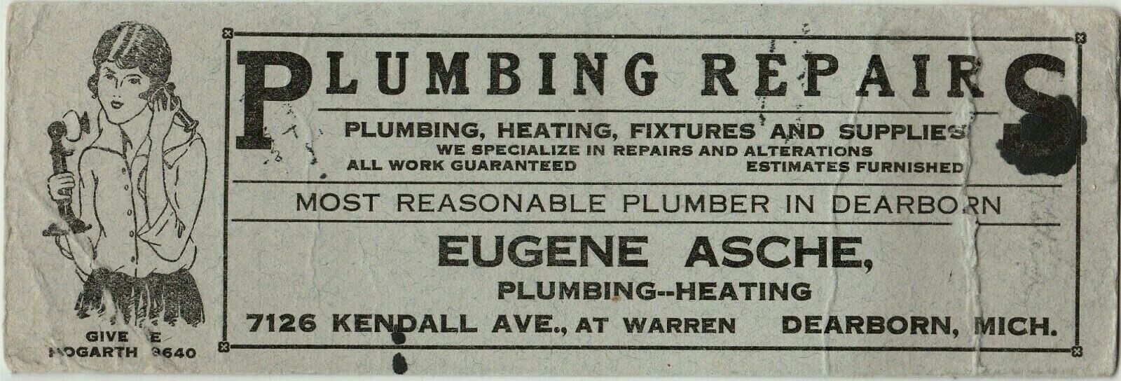 Plumbing & Heating Eugene Asche Trade Card, circa 1920, Dearborn Mich. 