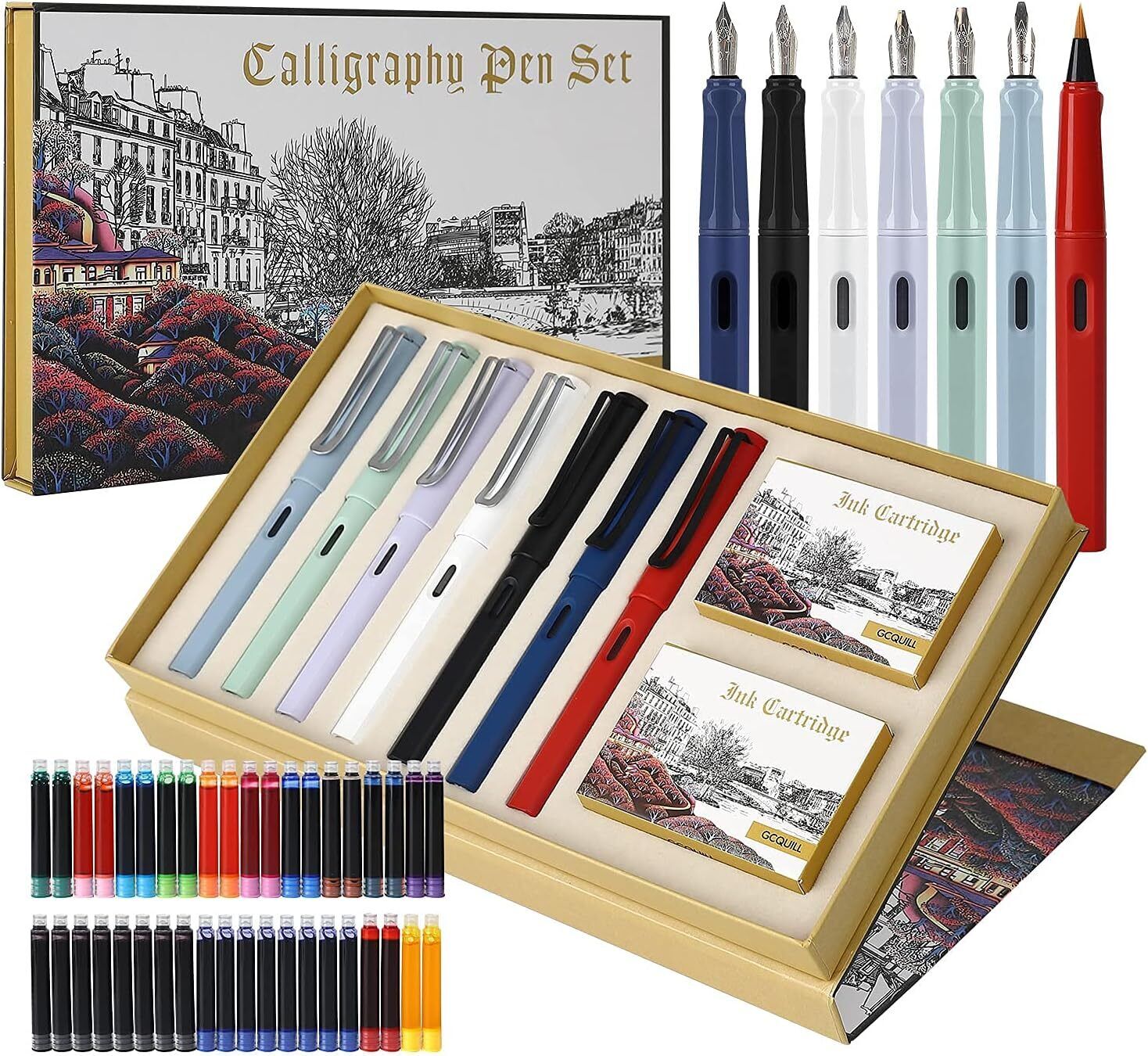 Calligraphy Pen Set, 7 Calligraphy Fountain Pens with Different Nibs and 40
