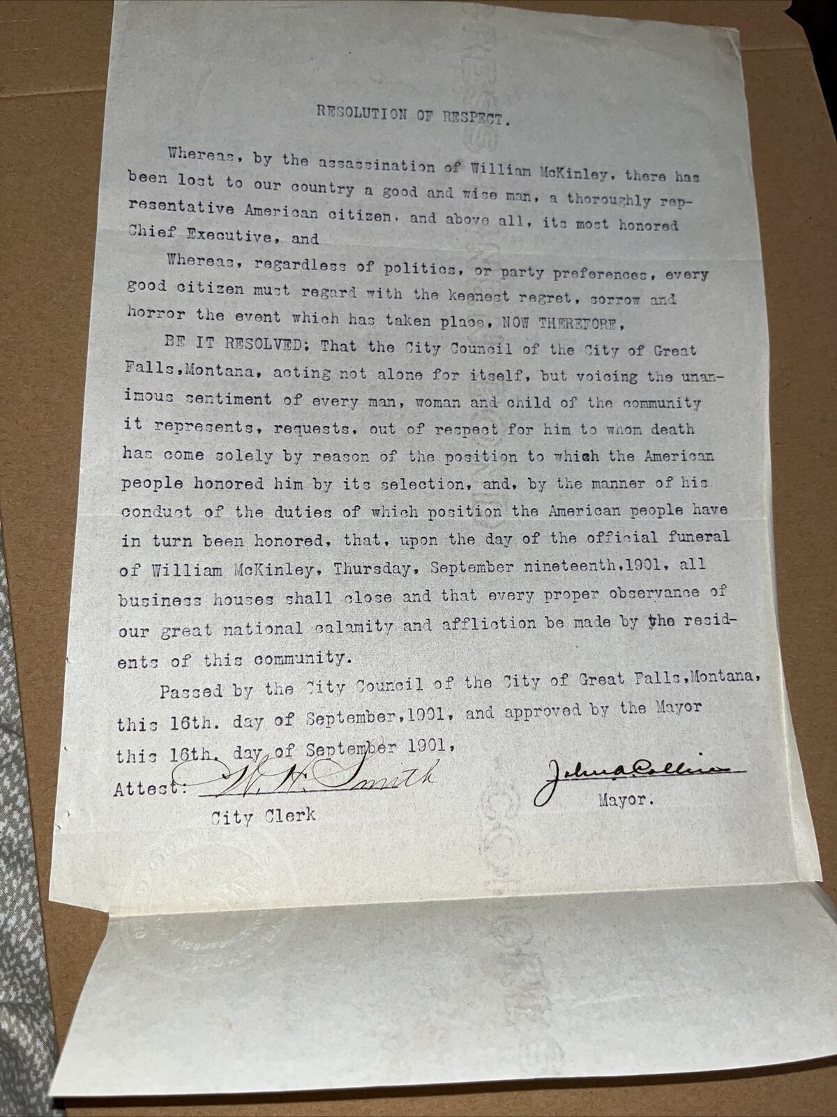 Antique Great Falls Montana MT Mayor Resolution President McKinley Assassination