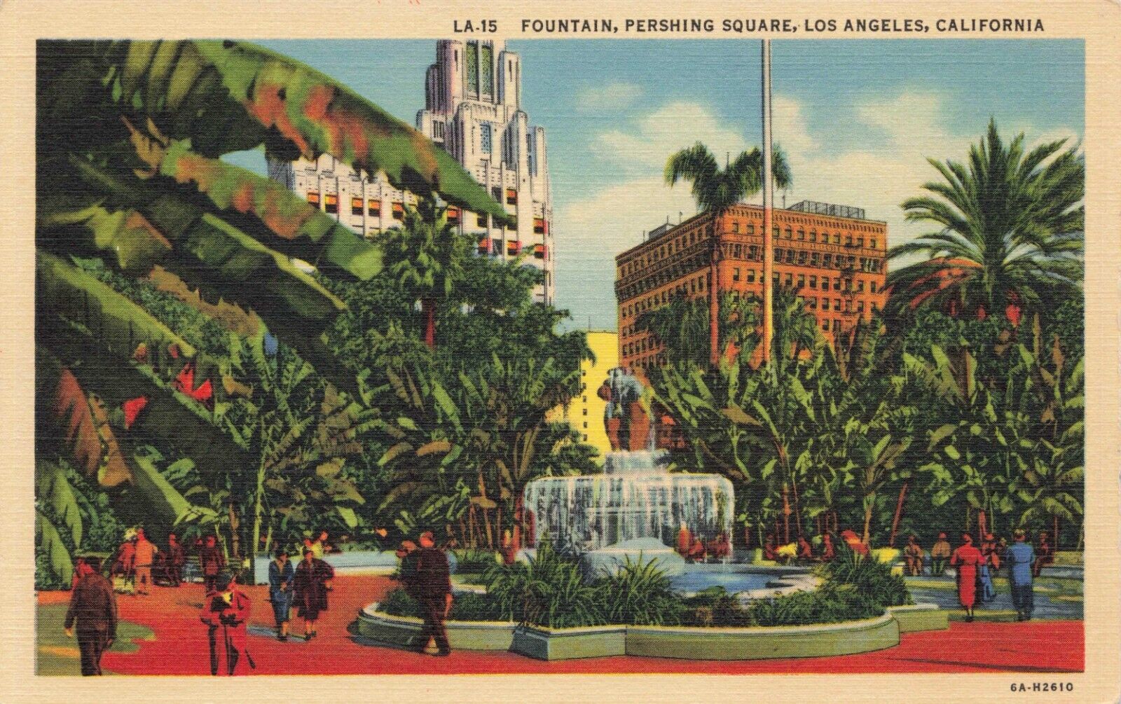 Postcard Fountain Pershing Square Los Angeles California CA UNP Linen